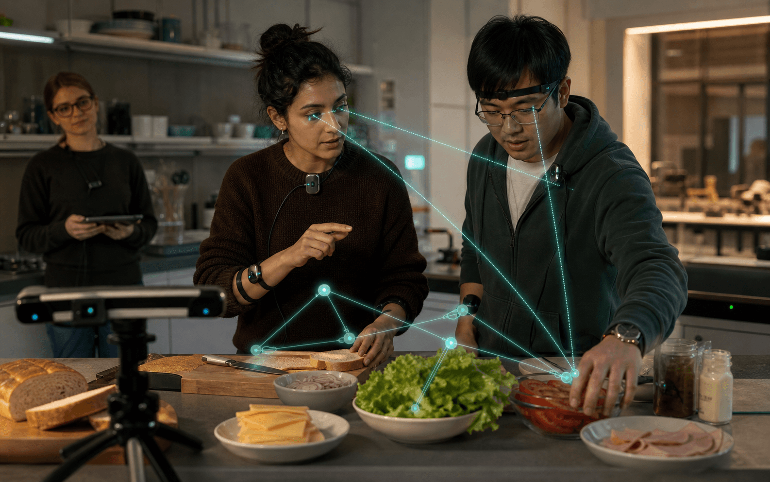 Two research participants coordinate gaze during a shared sandwich-making task as gaze targets form a network