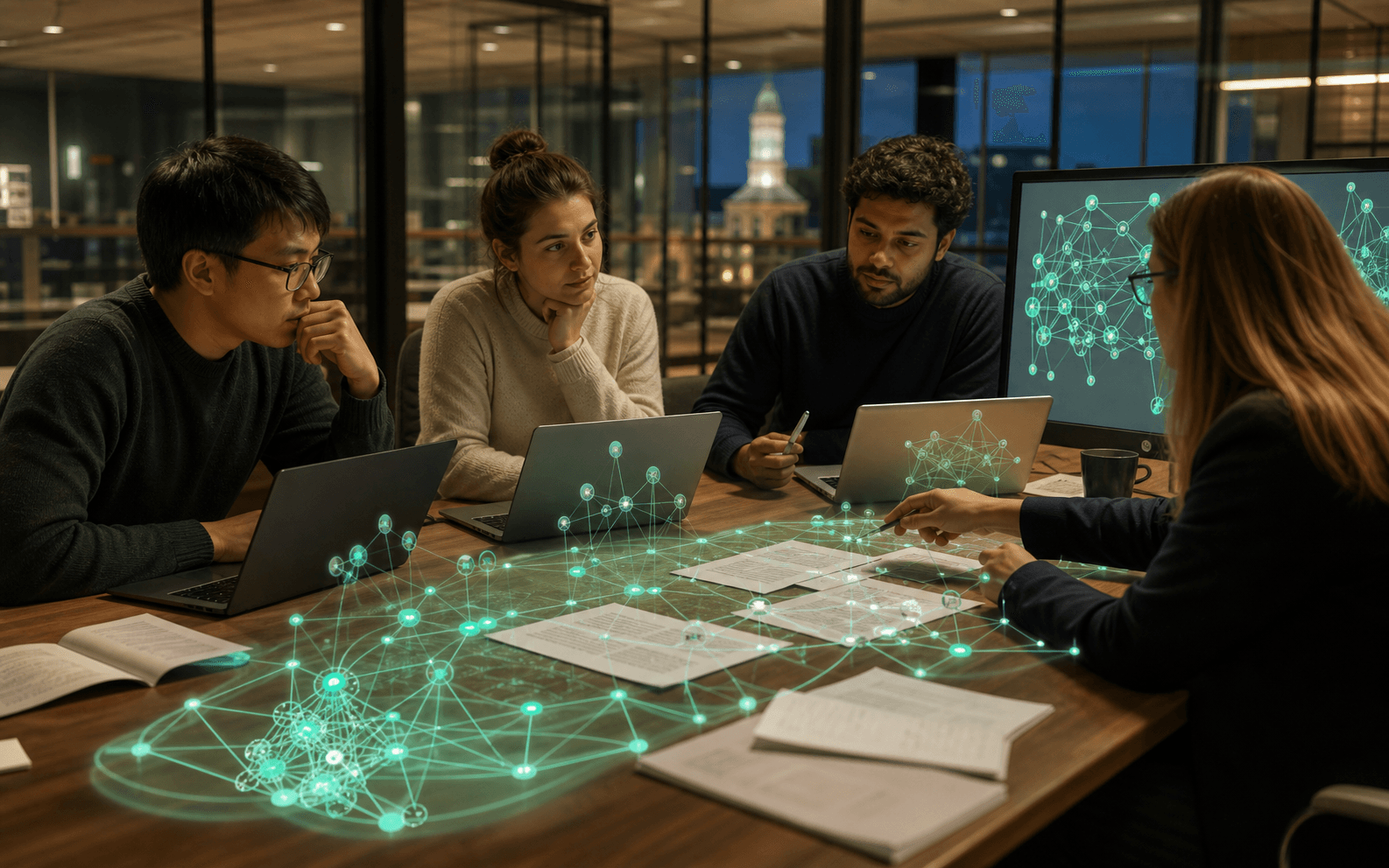 Graduate learners and a researcher examine networks connecting online social and cognitive activity