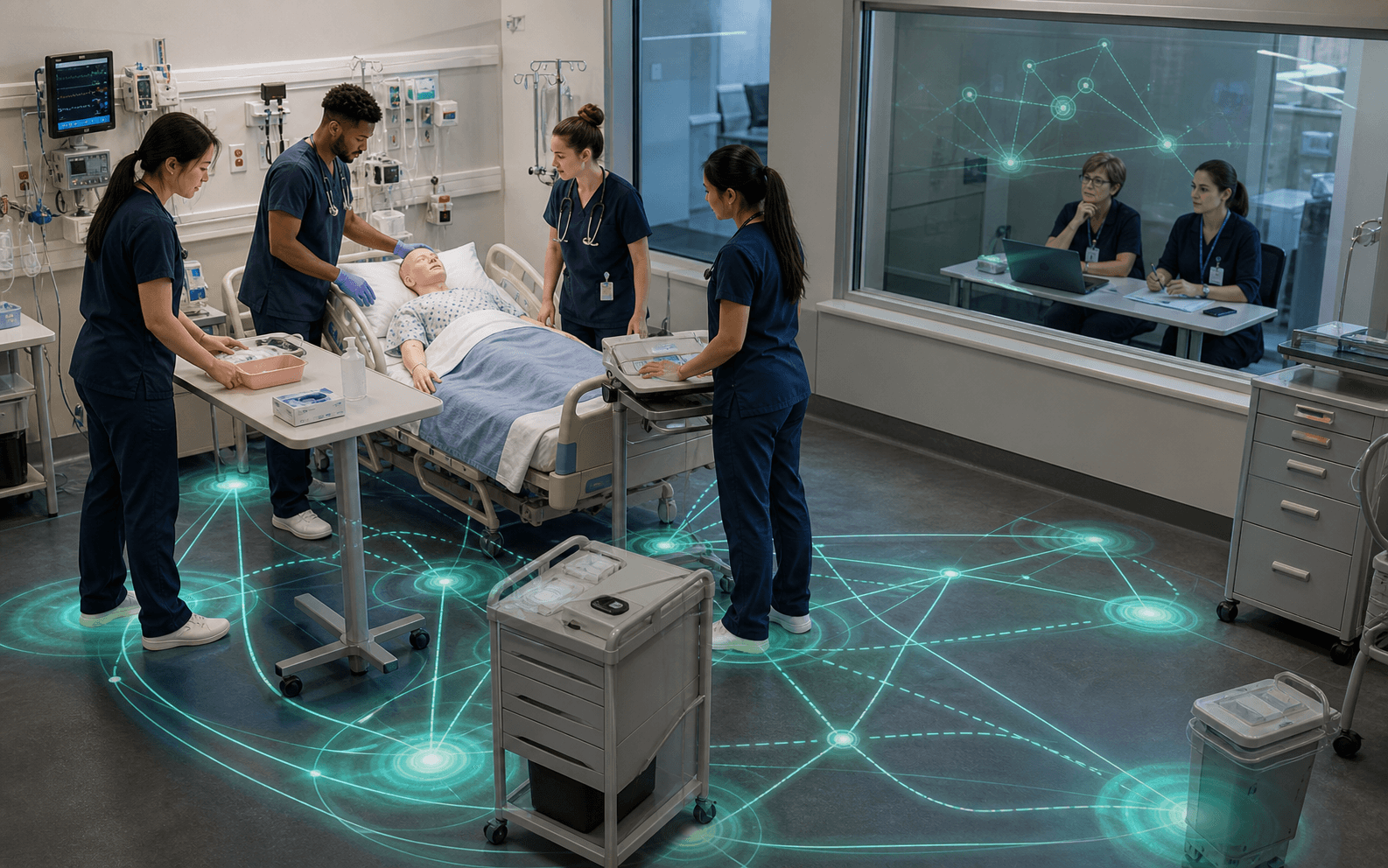 Nursing students coordinate around a simulation patient while educators review spatial network patterns