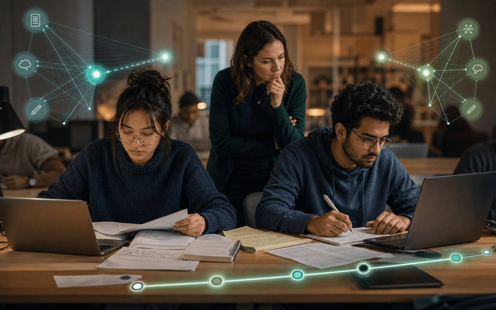 University learners use contrasting writing strategies while a researcher examines adaptive feedback networks