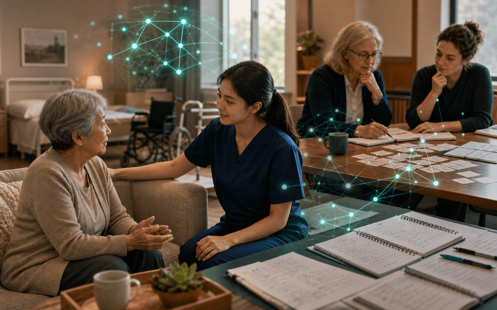 A nursing assistant listens to an older adult while educators review connected patterns from caregiving interviews