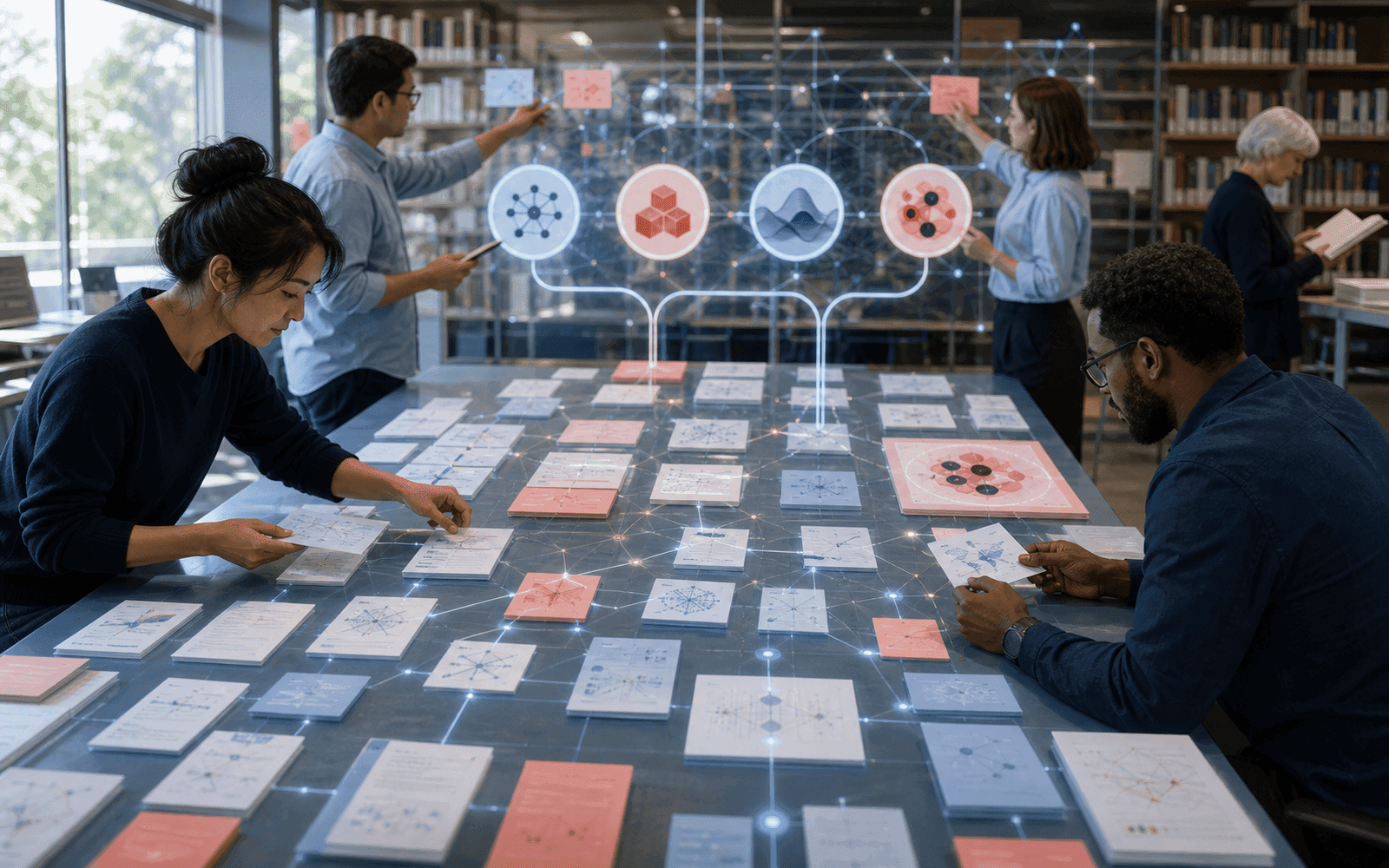 Photorealistic editorial photograph of a research team sorting many study cards into evidence, coding, modeling, and interpretation pathways