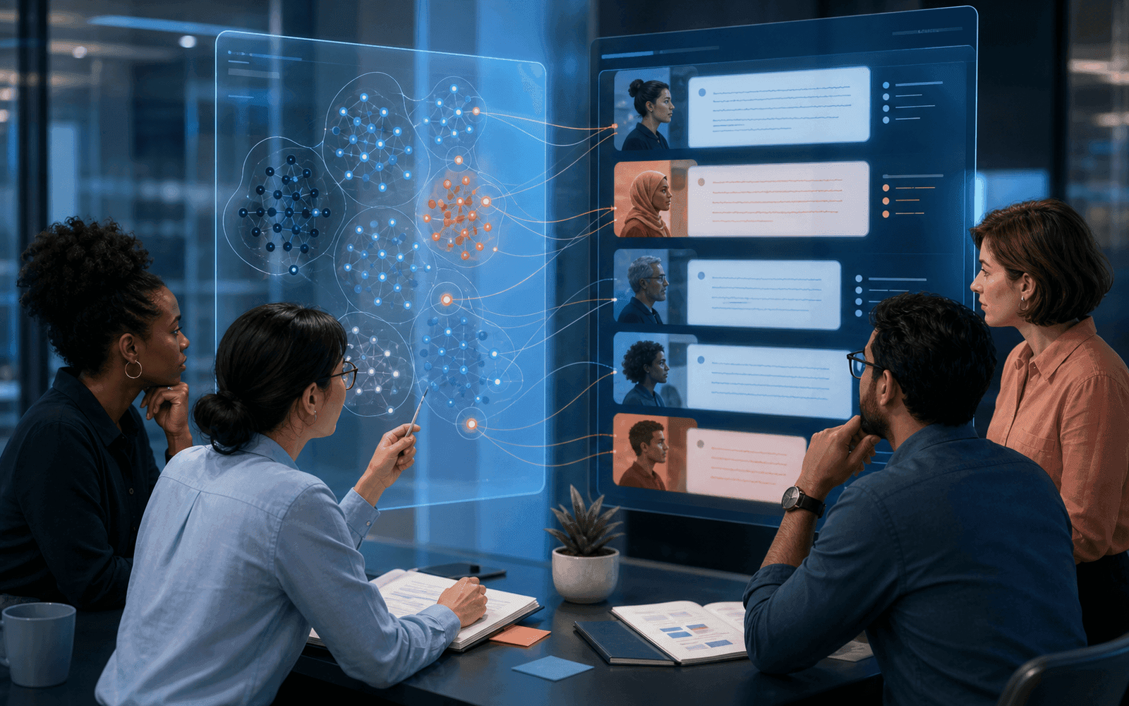 Photorealistic editorial photograph of analysts comparing algorithmic word clusters with human-coded excerpts on two linked panels