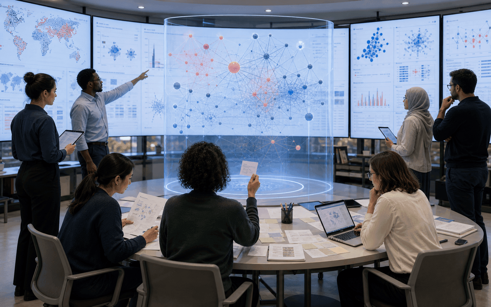 Photorealistic editorial photograph of an evidence-review team mapping education studies across domains, data sources, and ENA decisions