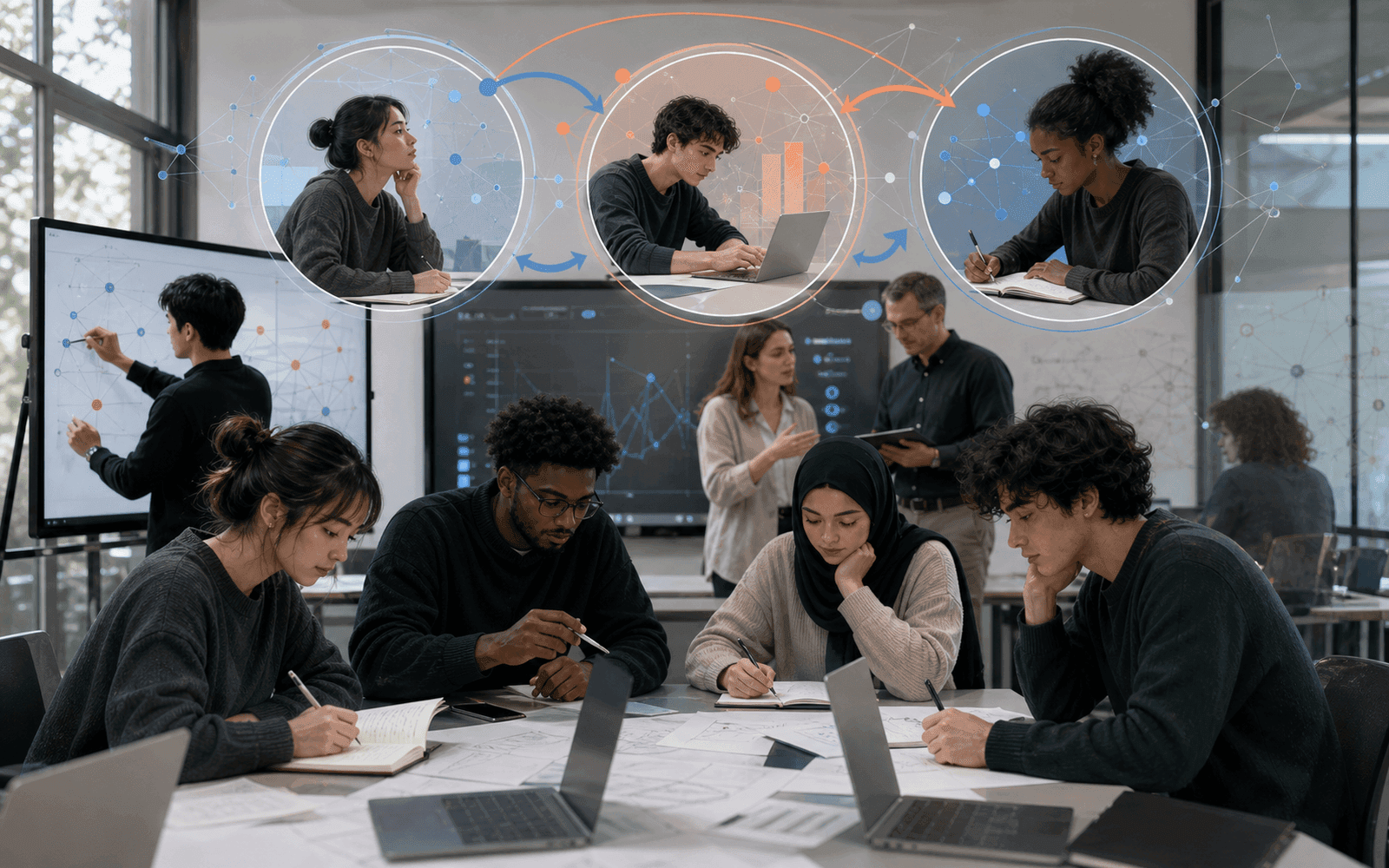 Photorealistic editorial photograph of collaborative design students reflecting as anticipation, action, and reflection form different network loops