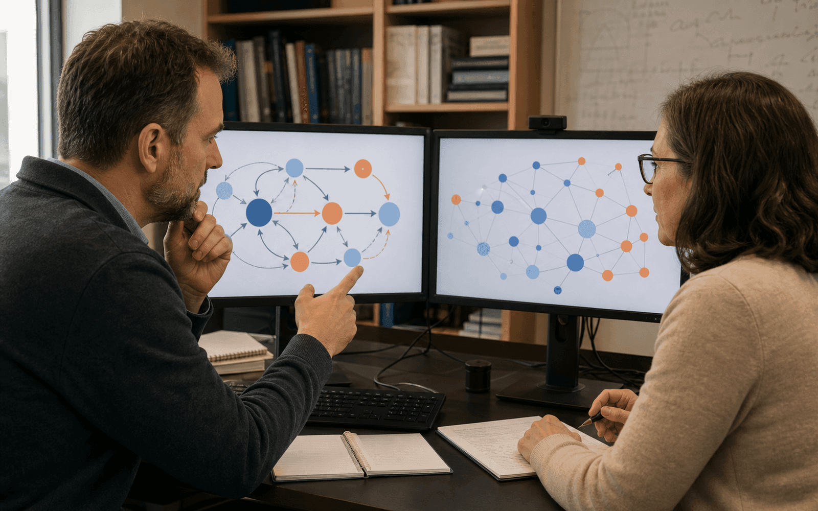 Photorealistic editorial photograph of one classroom discourse stream branching into a Markov transition view and an ENA co-occurrence view