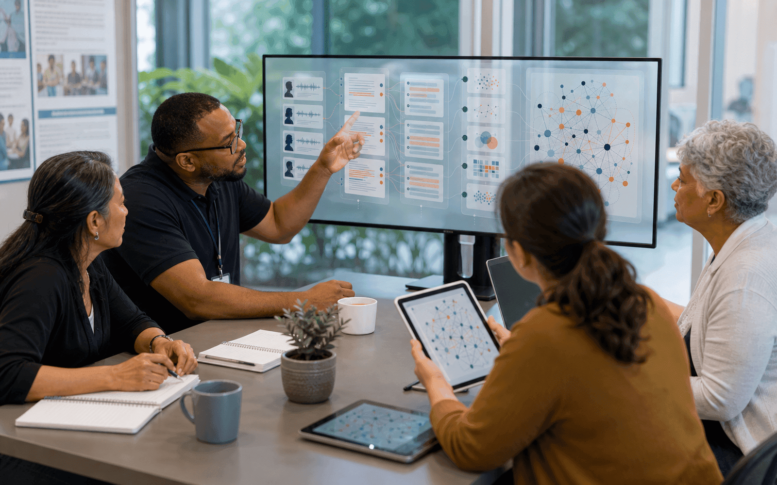 Photorealistic editorial photograph of an open research workspace linking transcripts, code definitions, coded segments, and a reproducible ENA output