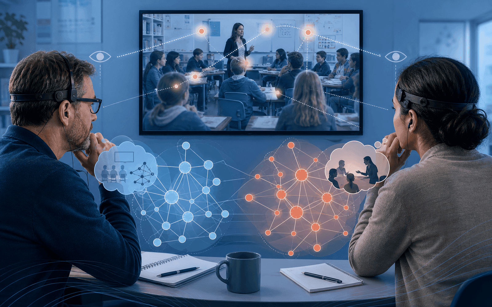 Photorealistic editorial photograph of biology and mathematics teachers viewing the same classroom video while distinct reasoning networks emerge