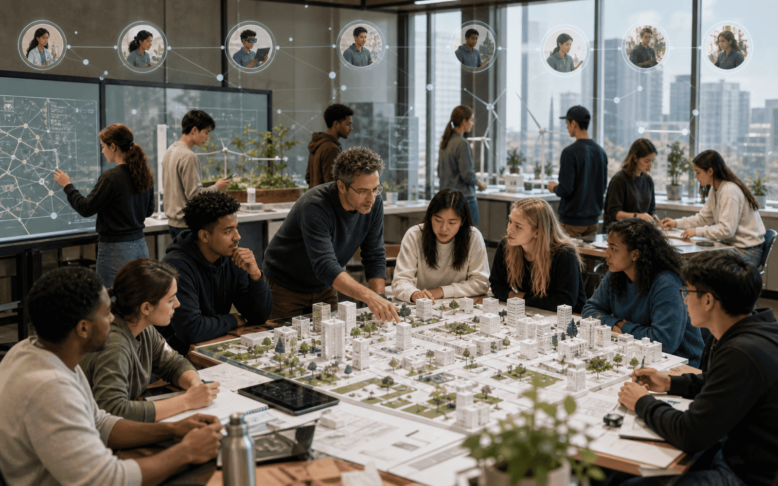 Photorealistic editorial photograph of middle-school learners planning an environmentally resilient virtual city as future-science identity connections develop