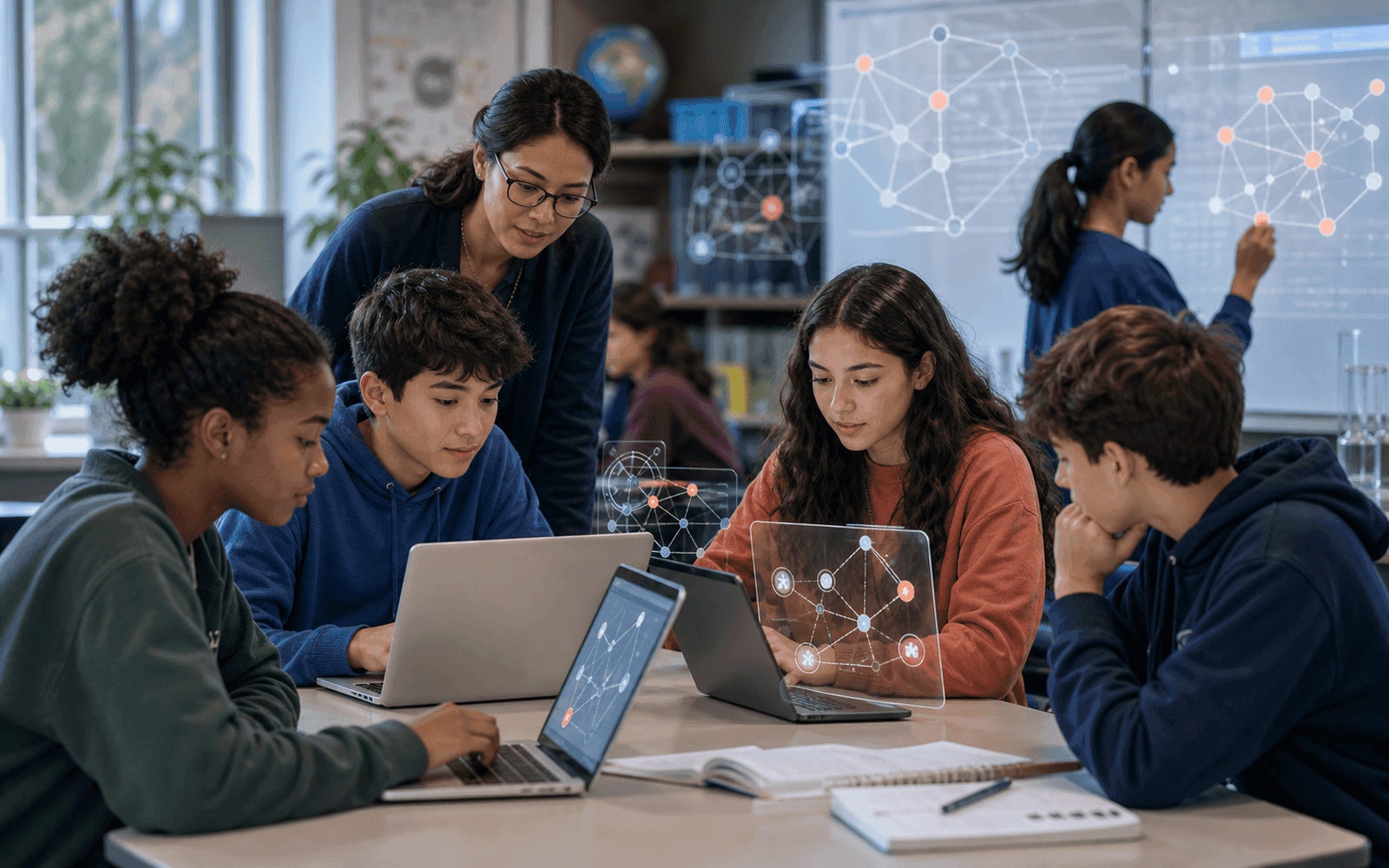Photorealistic editorial photograph of learners navigating an open-ended science environment as information seeking, construction, and assessment actions connect