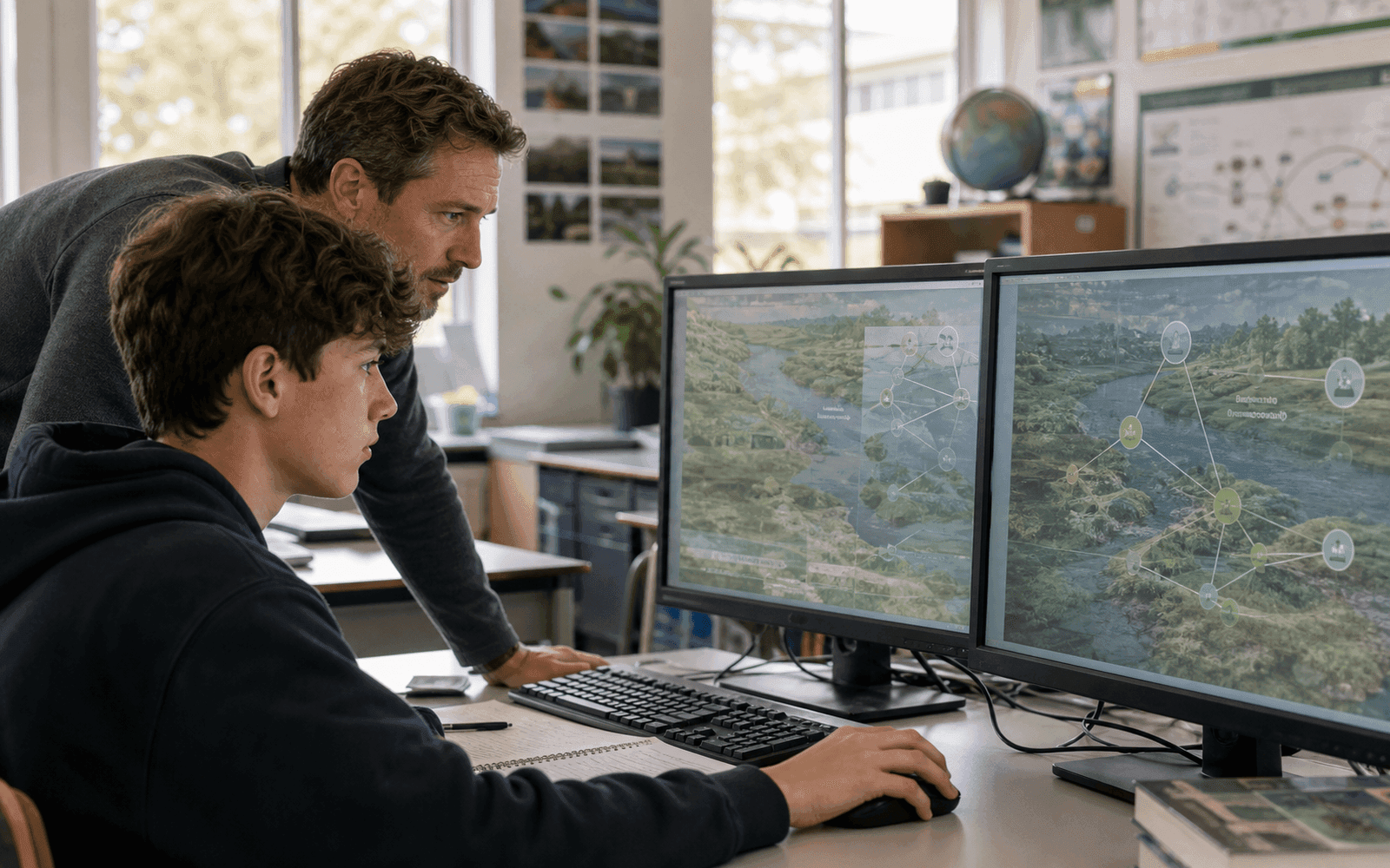 Photorealistic editorial photograph of a learner revisiting an ecological systems game as event logs shift from short-term fixes toward sustainable strategies