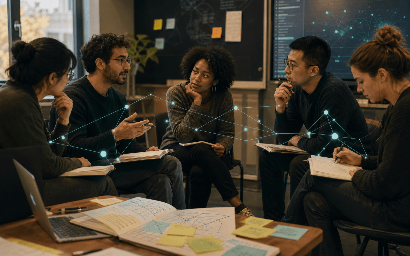 Graduate learners discuss ideas while socioemotional connections form across their notes and conversation