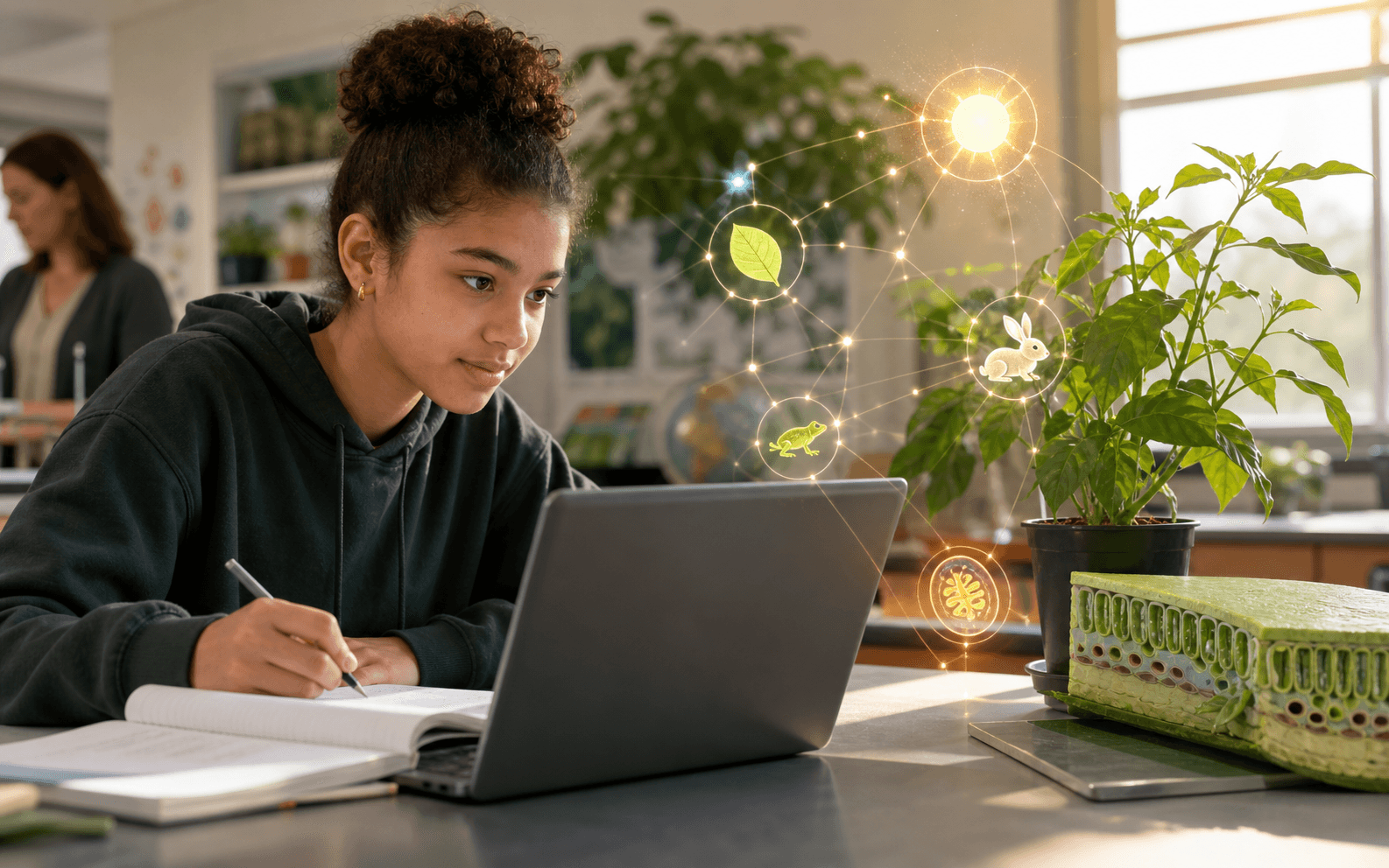 An eighth-grade student revises a science explanation beside a plant as glowing links connect sunlight, leaves, animals, and cellular energy
