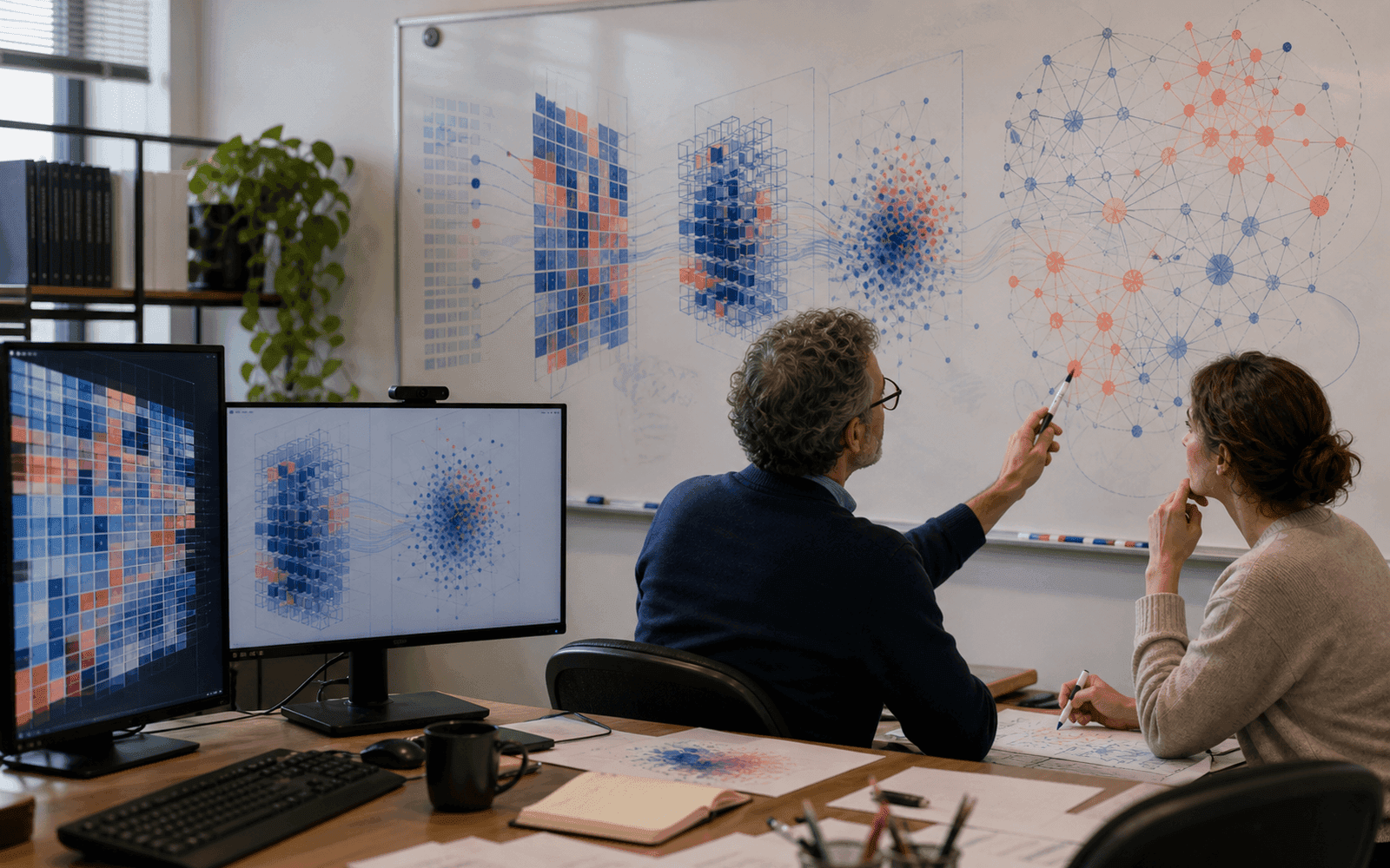 Photorealistic editorial photograph of a transparent sequence from coded rows to matrices, high-dimensional vectors, and a co-registered network plot