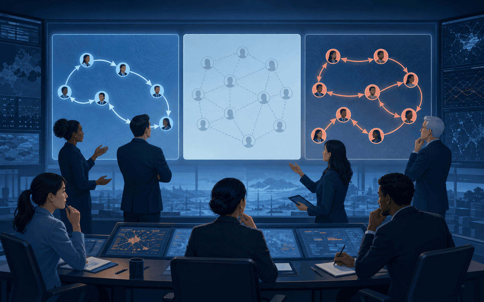 Photorealistic editorial photograph of two command teams with contrasting directional communication flows represented as arrowed epistemic networks