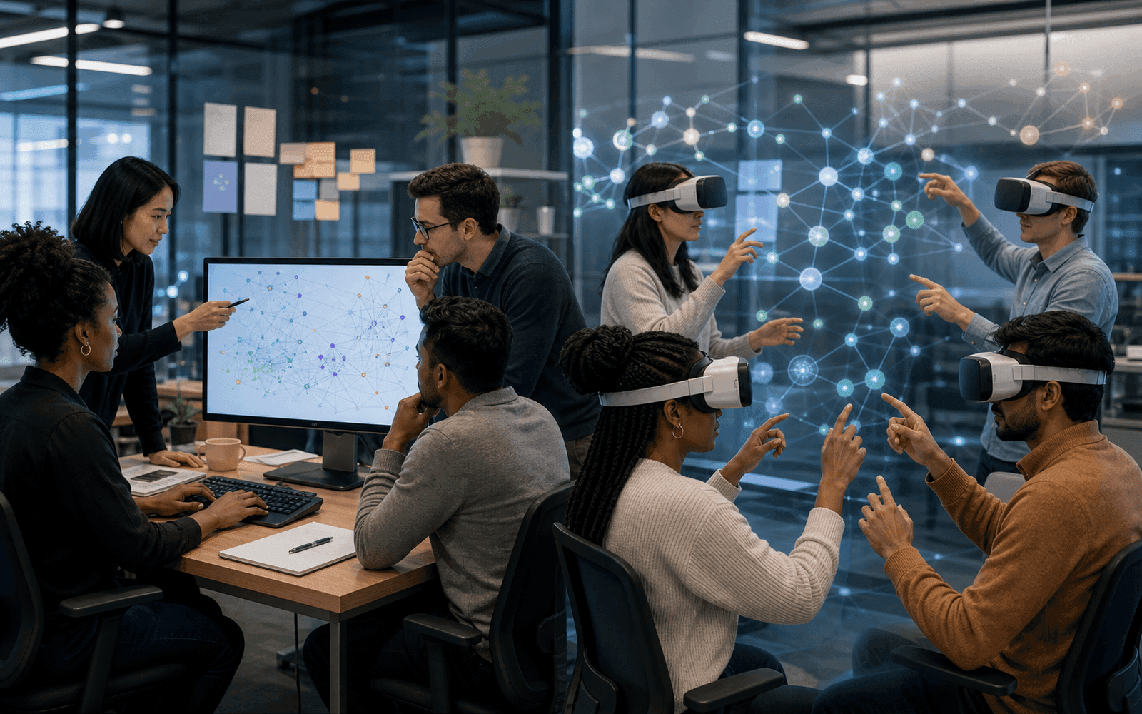 Photorealistic editorial photograph of a four-person team building the same mind map in desktop and immersive VR workspaces with different activity networks